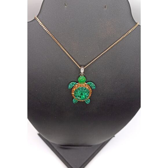Green Turtle Pendant Necklace Ceramic & Rhinestone on Stainless Steel Chain - Picture 2 of 3